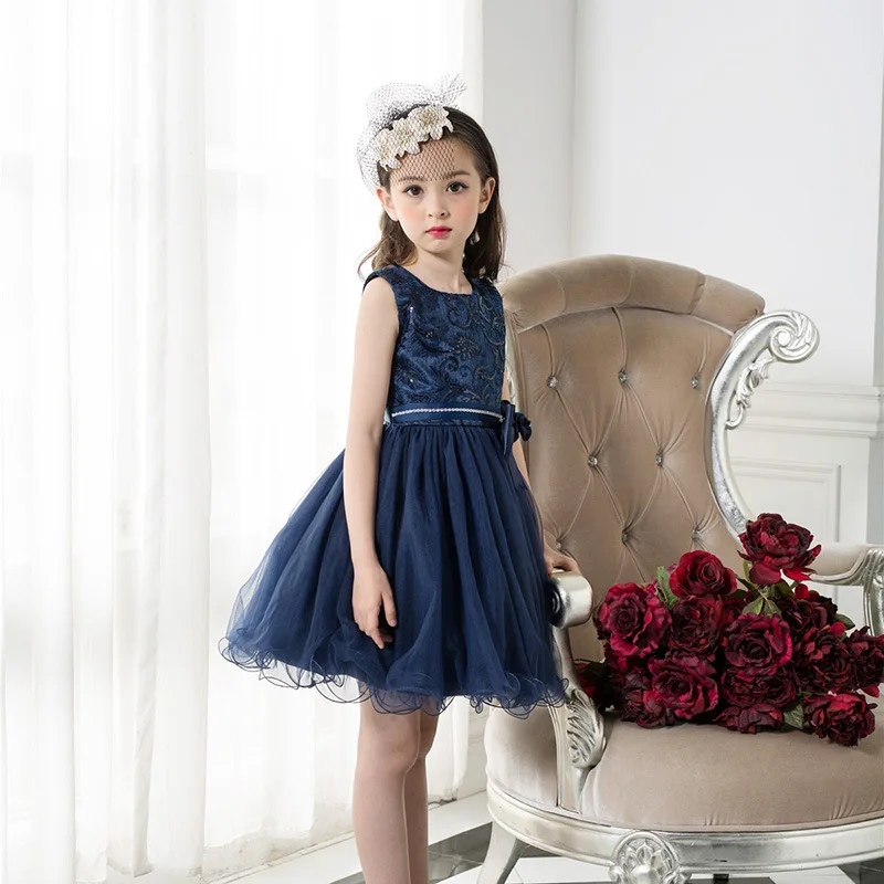 Вечернее платье для девочек на день рождения одежда темно-синего цвета с