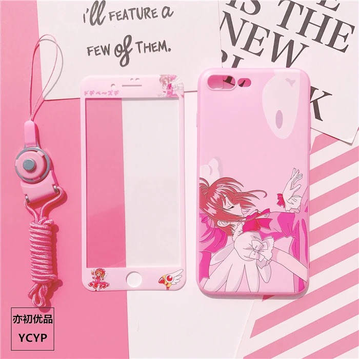 As shown Чехол для iphone XR Cardcaptor Sakura+ пленка для экрана из закаленного стекла для iphone X XS Max 7 8 plus 6 S plus Sailor Moon+ ремешок - Цвет: As shown