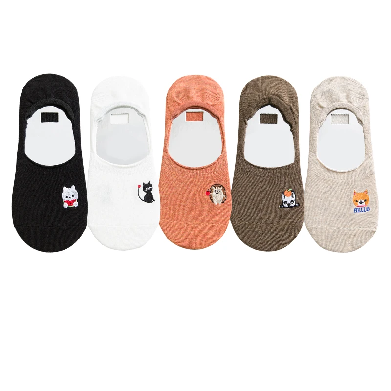 animal socks 1 Забавные женские хлопковые носки-башмачки с рисунками, 5 пар, милые носки с вышивкой кота, дельфина, панды, невидимые силиконовые Нескользящие носки Kawaii Stopki - Цвет: animal socks 1