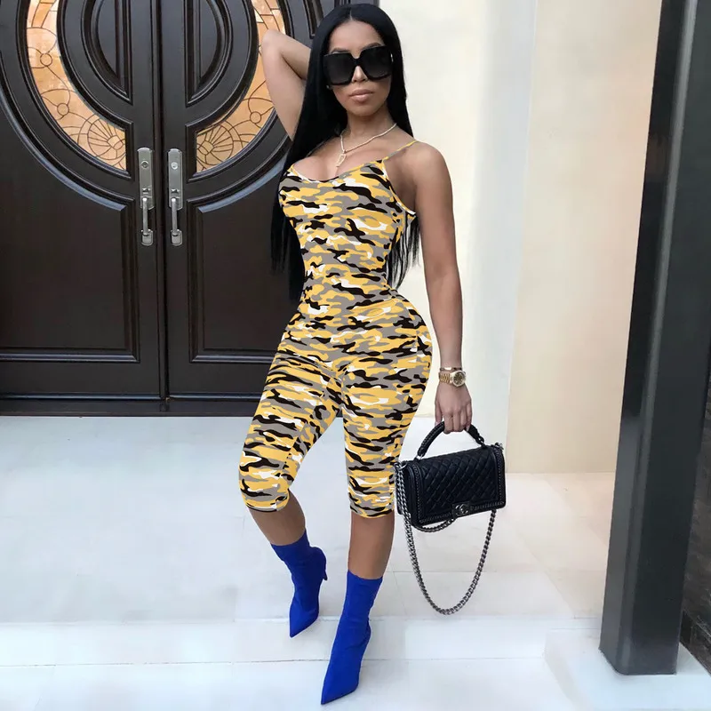 Желтый синий Камуфляжный короткий комбинезон с принтом Короткие штаны открытой