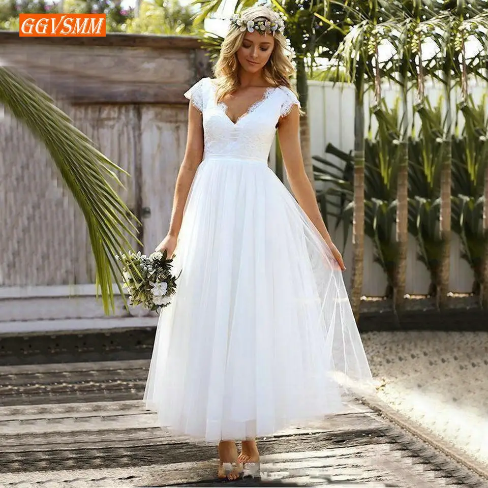 

Elegant Boho Women White Wedding Gowns 2020 Wedding Dress Party Slim Fit V-Neck Lace A-Line Ankle Length Formal Bridal Dresses