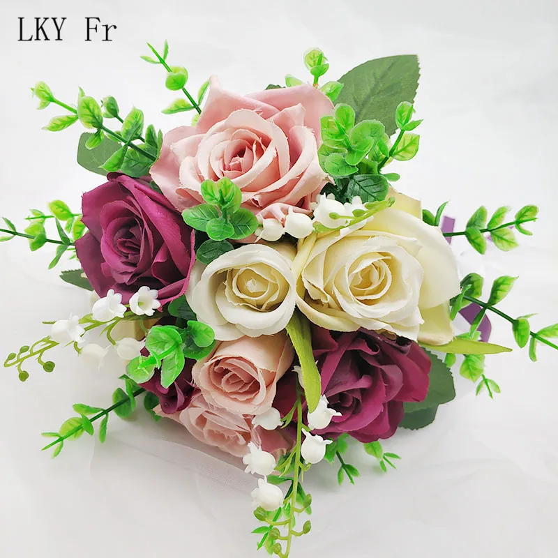 Purple pink LKY Fr Свадебный букет невесты держатель для букетов шелковые искусственные розы Белый Розовый Свадебный букет s для букет невесты Mariage - Цвет: Purple pink