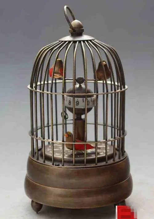 Антикварные старый 270 лет латунь птица клетка механические часы будильник|Статуи