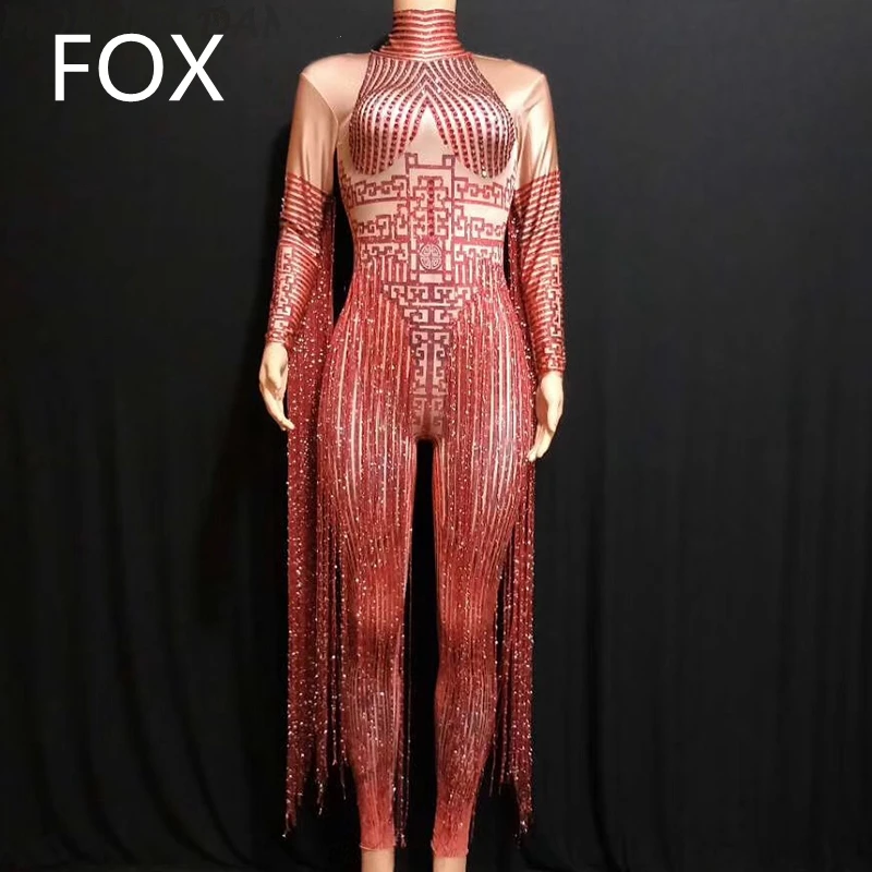 Женский комбинезон со стразами красный длинный с кисточками сценическое боди |