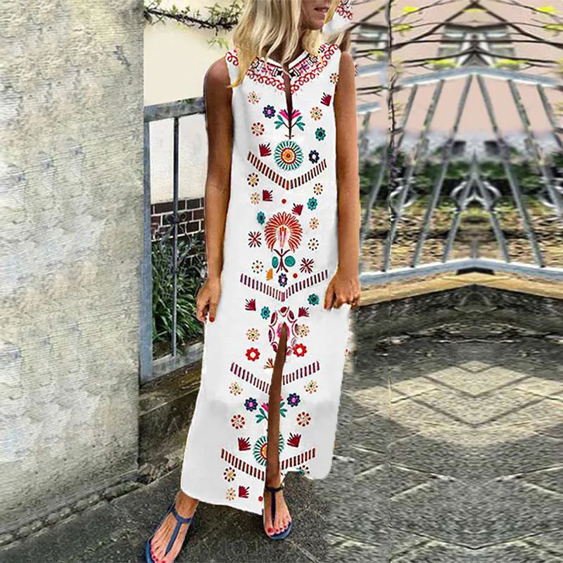 Women dresses Womens Printed Sleeveless V-neck Maxi Dress Hem Baggy Kaftan Long Women's Clothing | Женская одежда