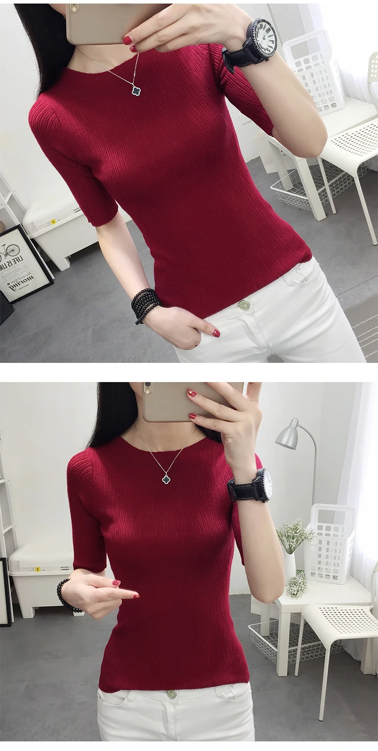OHCLOTHINGnew style2019, короткий рукав, хлопок, круглый вырез, свитер, Женский рукав, голова, рукав, рубашка, пять, Одноцветный, плотный свитер, тонкий, ремонт