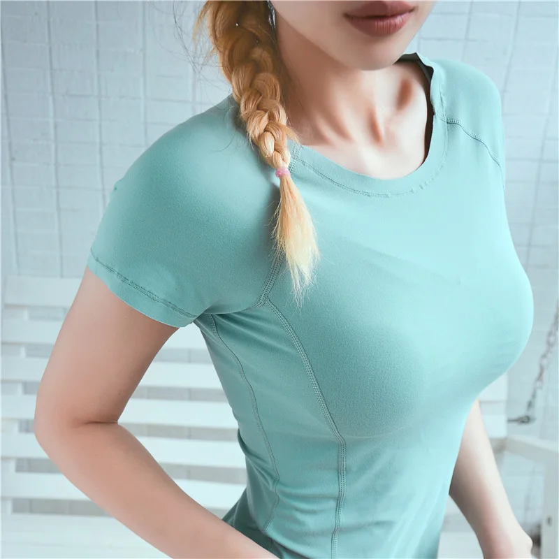 Женская футболка с круглым вырезом однотонная облегающая Спортивная дышащая