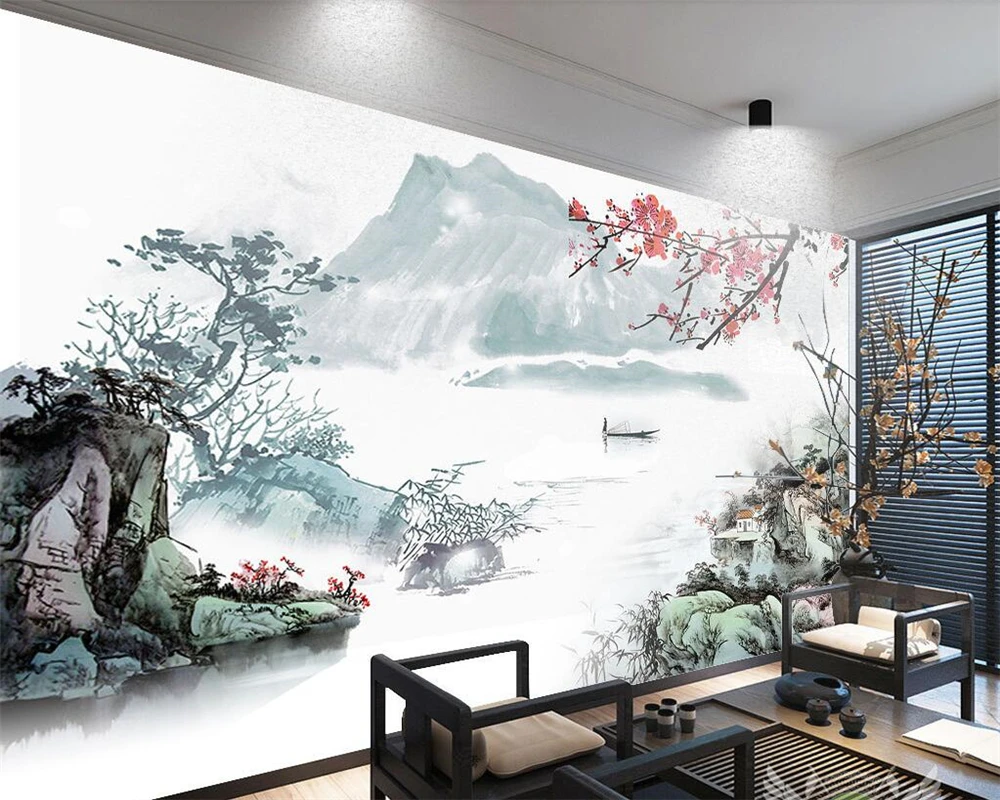 Обои на заказ украшение дома телевизор диван фон китайские чернила пейзаж слива