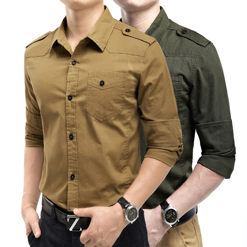 

2020 solid men shirt long sleeve slim fit shirt cargo shirts male blouse fashion casual shirts homme khaki Army green xxxl