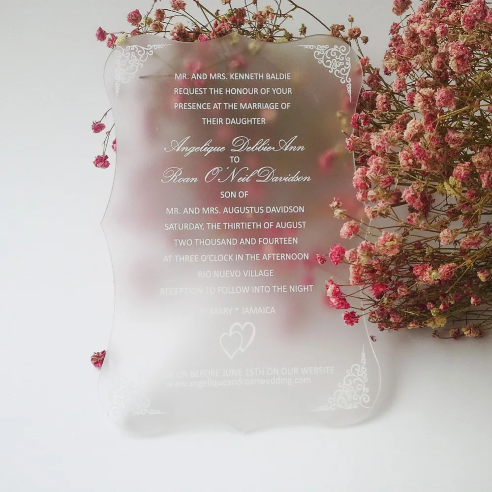 

Customized 100pcs per lot 5*7inch Frosted scroll shape acrylic wedding invitation card