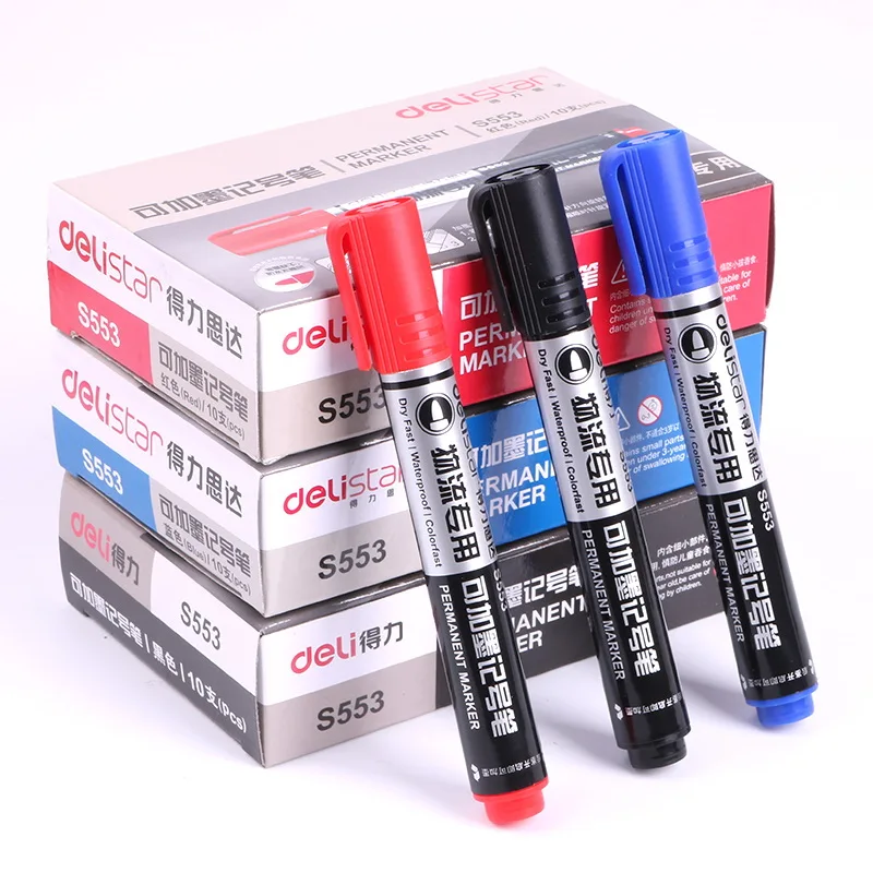 

10 Pcs/Box 3-Color Repeating Refilling Round-Tip Permanent Marker for School Stationery & Office, black & Red & Blue
