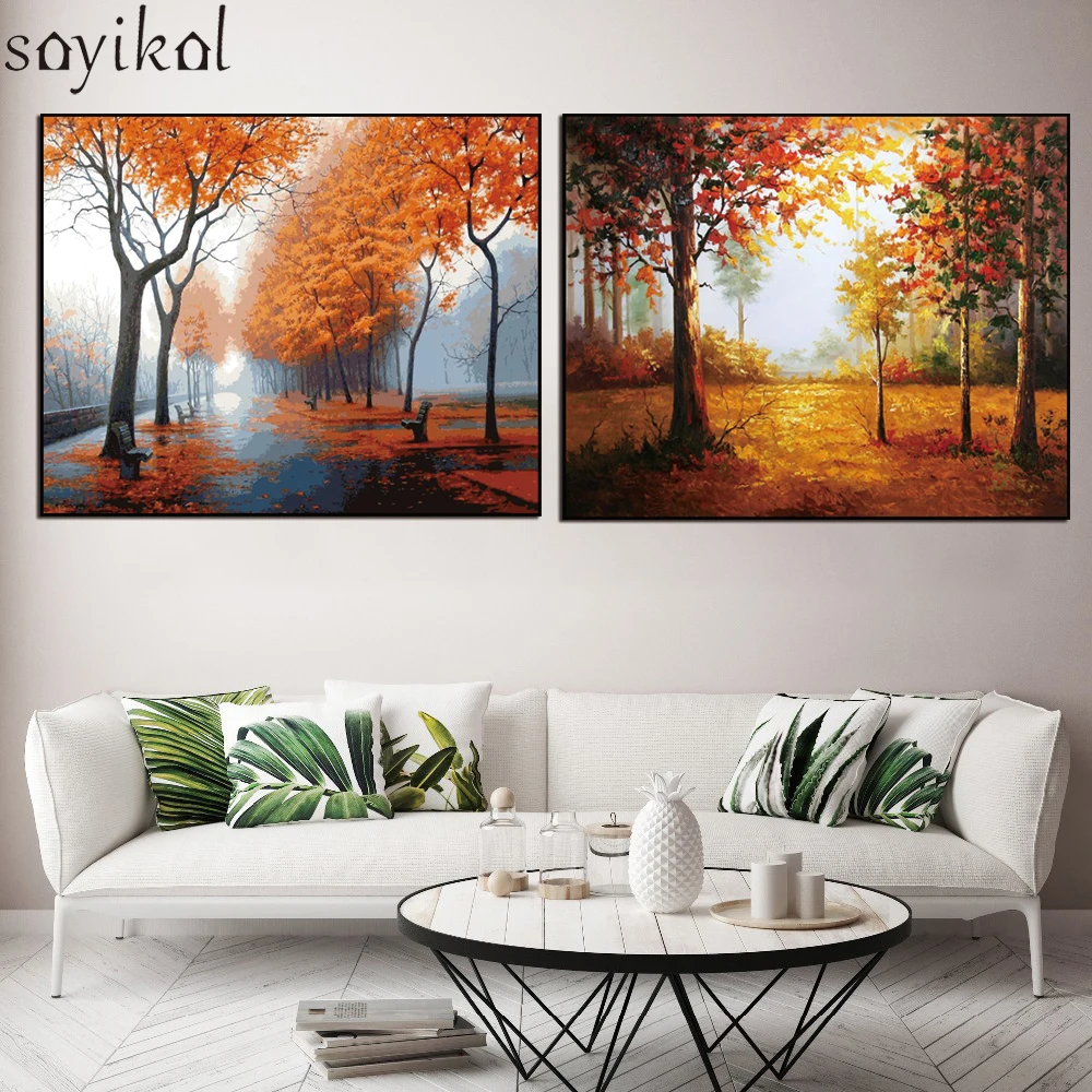 Осеннее дерево Пейзаж DIY Рамка Картина маслом по номерам пейзаж Холст для