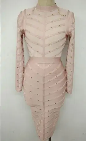 high quality new sexy fashion women wholesale pink grey black olive green long sleeve beaded bandage dress Dress + suit | Женская одежда