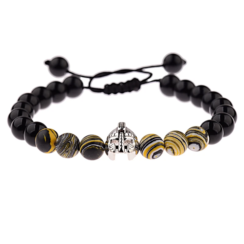 ABK008-3 OIQUEI Pulseira Masculina 8 мм Оникс Камень Спартанский бусина шлем тканые плетеные браслеты мода энергетическая Йога браслеты для мужчин - Окраска металла: ABK008-3