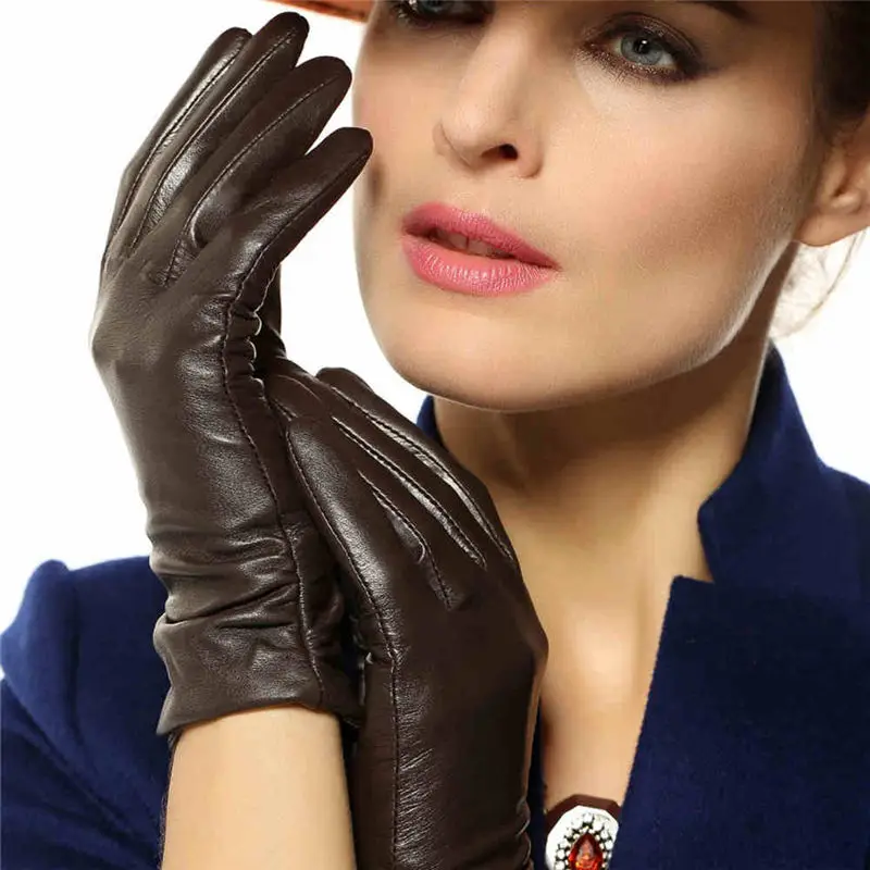 dark brown Модные женские перчатки из натуральной кожи, новинка, зимние однотонные перчатки из овчины для вождения, L022nq - Цвет: dark brown