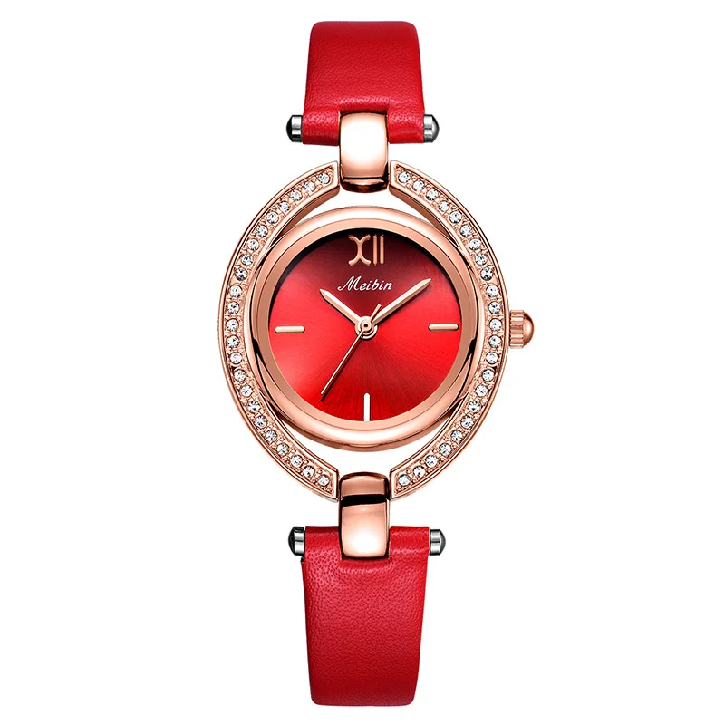 Женские Водонепроницаемые часы MEIBIN Роскошные наручные со стразами кожаный