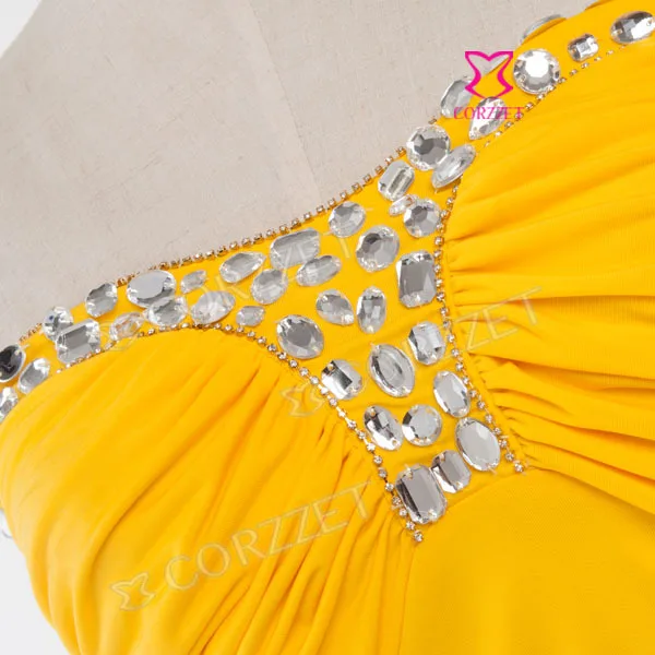 Модное желтое платье с бусинами без бретелек для девочек вечернее Клубное