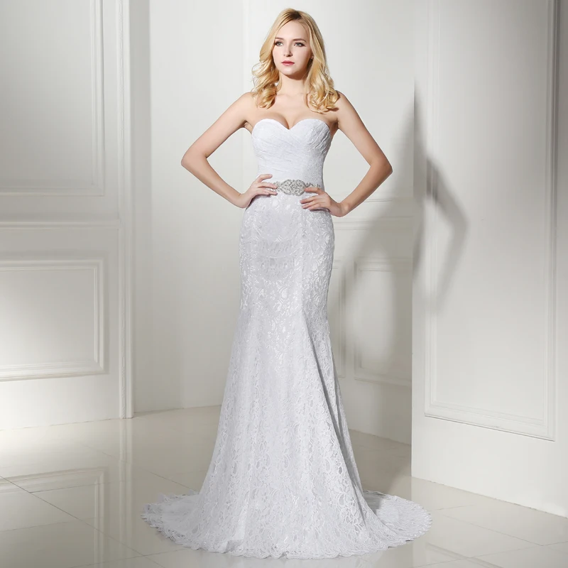 Pleat Свадебное платье реальные фотографии белый кружево Дешевые Русалка