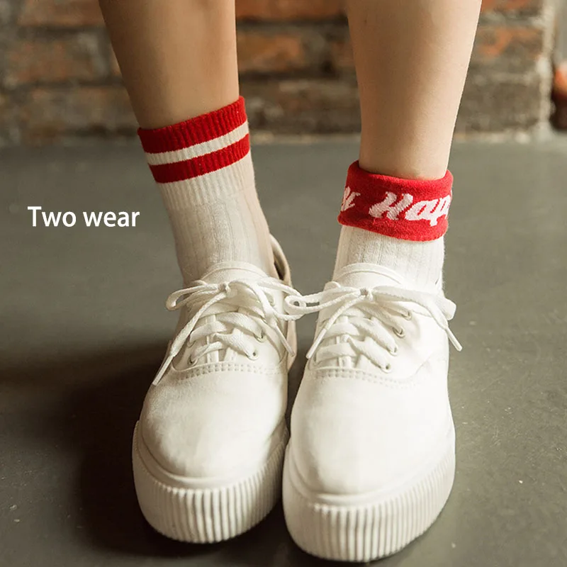 Корейские Хлопковые женские носки с двумя полосками белые буквами преппи для