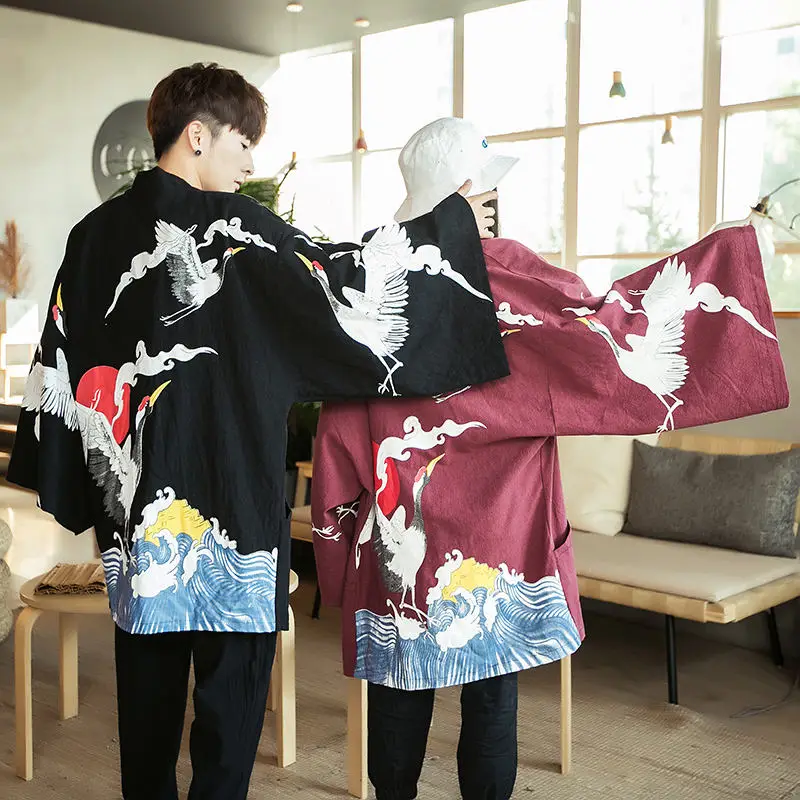 Neploe/хлопковое льняное кимоно кардиган японская блузка с принтом крана пальто