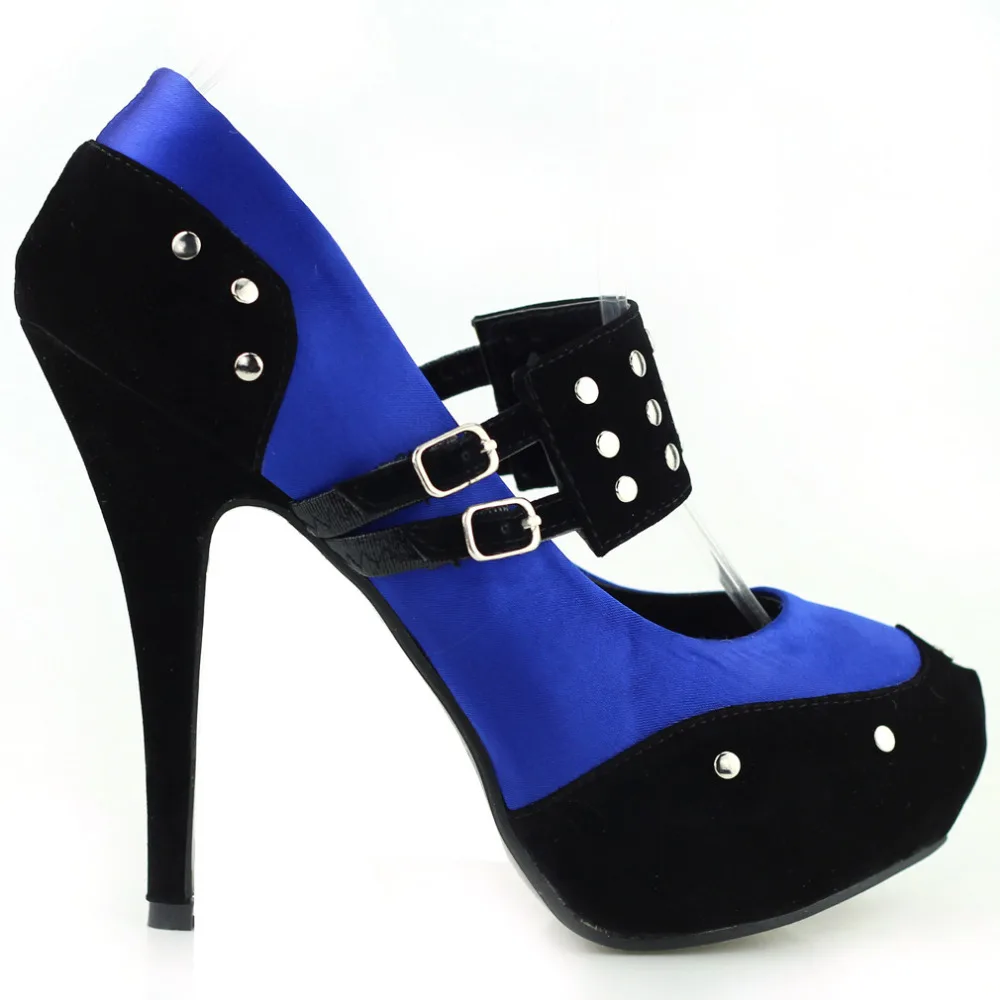 

LF30438 Ladies Satin Black Suede Ankle Strap Stud Buckle Platform EVE Shoes