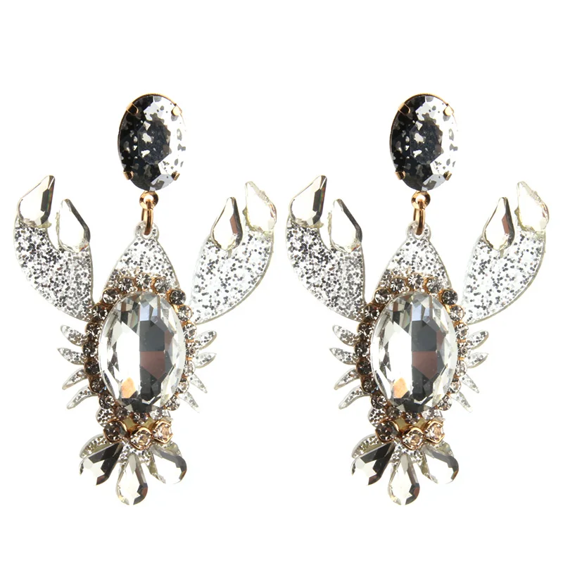 Женские полимерные серьги NeeFu крупные в виде лобстеров с кристаллами длинные