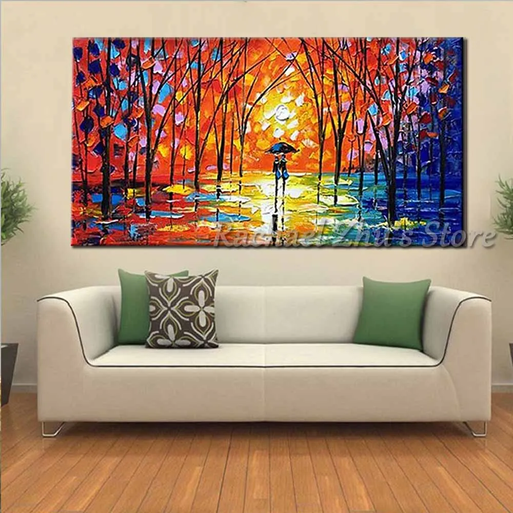 

100% Hand Painted Palette Knife Night Park Lamp Scenery Oil Painting Lovers Umbrella Wall Picture Living Room Home Wall Decor