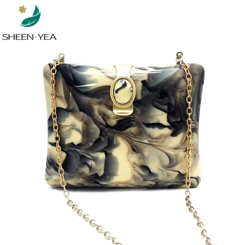 Brand designer acrylic evening bag vintage marble pattern clutch purse cute Elliptic hasp chains handbag mini wedding party prom