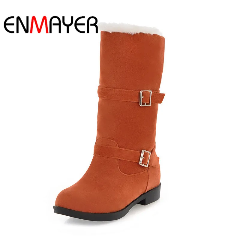 

ENMAYER Buckle Strap Square Heel 2018 Ladies Cool Black High Heel Woman Casual Shoes Fashion Boots Size Short Plush 34-40 WHY144