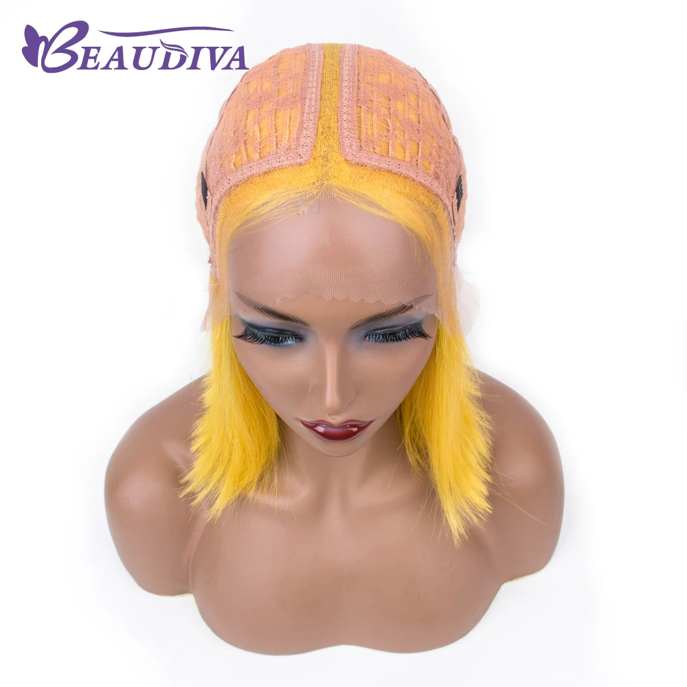 Желтые прямые короткие человеческие волосы на сетке парики боб для черных женщин