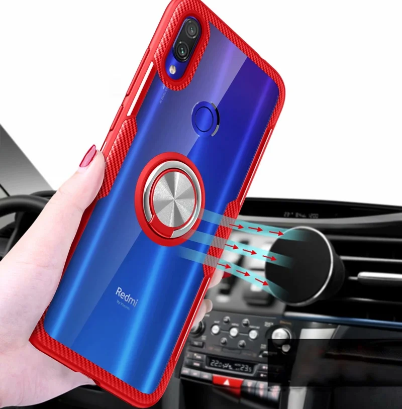 Чехол для Xiaomi Redmi Note 7 прозрачный чехол-подставка с кольцом на палец магнитный