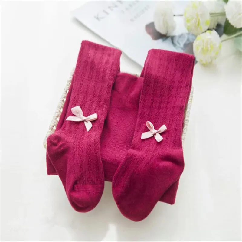 Колготки для новорожденных с бантиком; сезон весна-осень; Kawaii; От 0 до 2 лет; Мягкие хлопковые колготки для маленьких девочек; теплые колготки для маленьких детей - Цвет: Wine Red