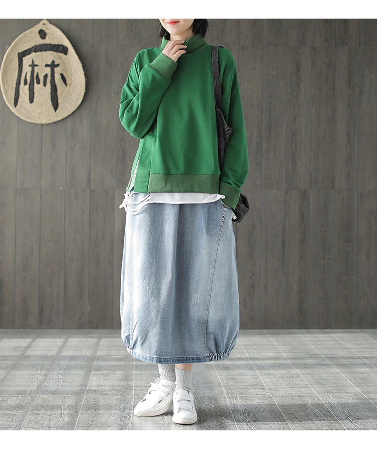 Spring Autumn Skirt Fashion Women Large size Denim skirt New Ladies Elastic Waist pocket Bleached Mori girl Casual Loose skirt