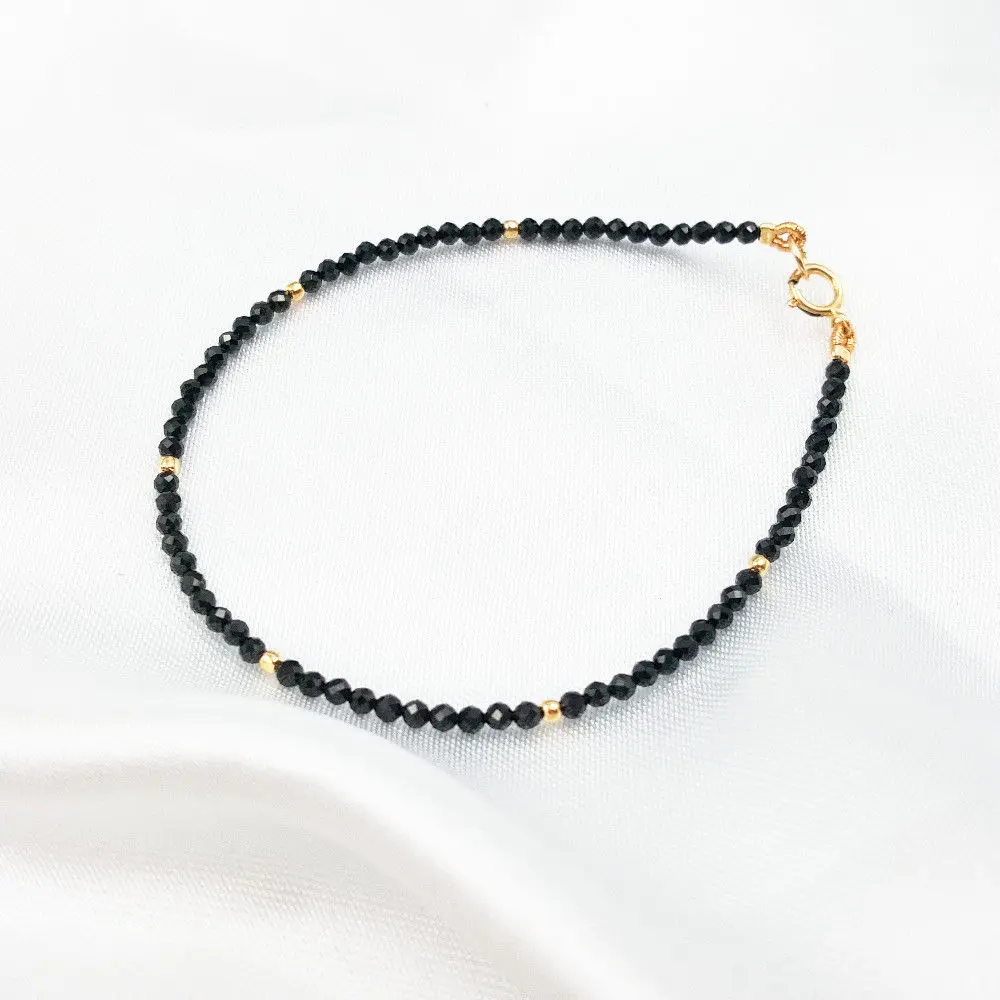 

Natural Black Spinel 2mm Faceted Beads&925 Sterling Silver Bracelet