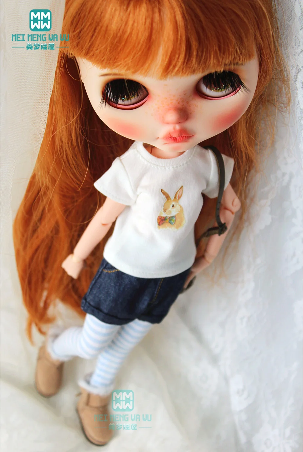 

1/6 28-30cm blyth Azone fashion cuffed plaid shorts T-shirt thread socks