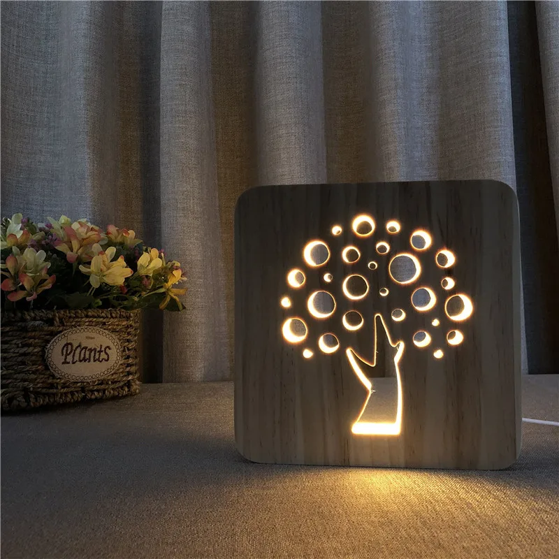

Wood Carving Hollow Tree Lamp Creative Novelty Solid 3D Night Lamp Bedroom LED Small Table Lamp USB Power Supply Night Light