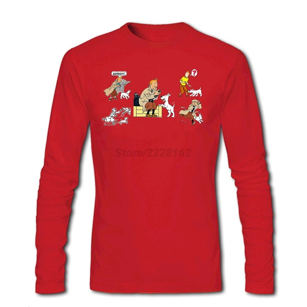 Фиолетовая футболка HU& GH Tintin And His Dog Snowy Man, футболка в стиле хип-хоп с индивидуальным принтом, зимние футболки из хлопка с принтом «Приключения Тинтина» - Цвет: Красный