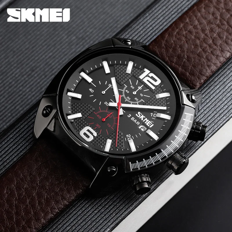SKMEI 9190 роскошные золотые мужские часы Повседневное платье кварцевые часы 30 м водонепроницаемый большой циферблат Календарь указатель Relogio Masculino