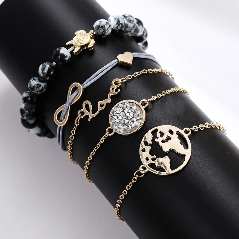 5 Pcs/set Boho Fashion Gold Chain Map Love Letter Pendant Charm Bracelets Set For Women 2019 Trendy Natural Marble Bead Bracelet | Украшения