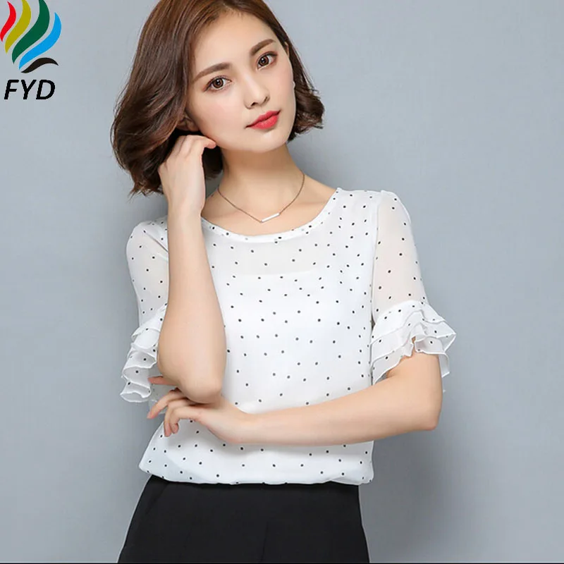 New 2017 Polka Dot Chiffon Women Blouses Shirts Short Sleeve Ruffles Summer Plus Size 3XL Woman Clothing Brand Tops |