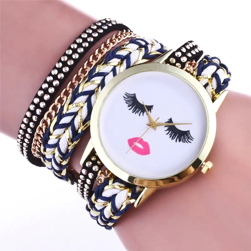 Модные Золотые женские часы браслет Заклёпки кожа сонные глаза красивые