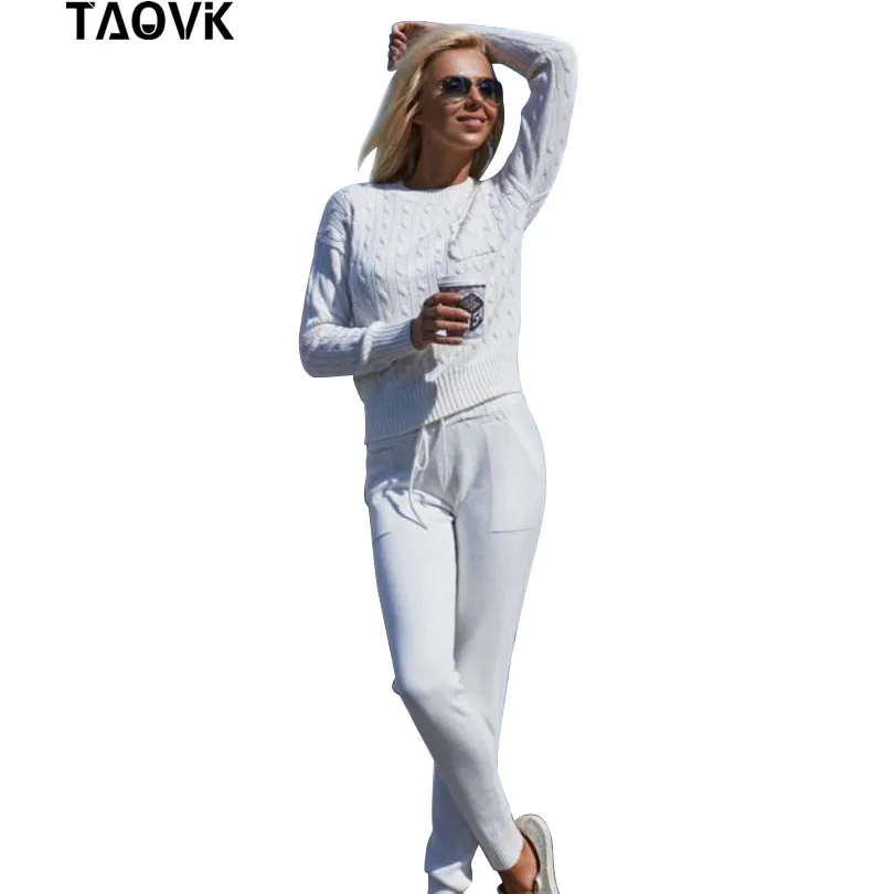 TAOVK, женский свитер, костюм и комплекты, Повседневный, весна-осень, 2 шт., спортивный костюм, женские трикотажные брюки+ джемпер, топы, костюм, комплект одежды