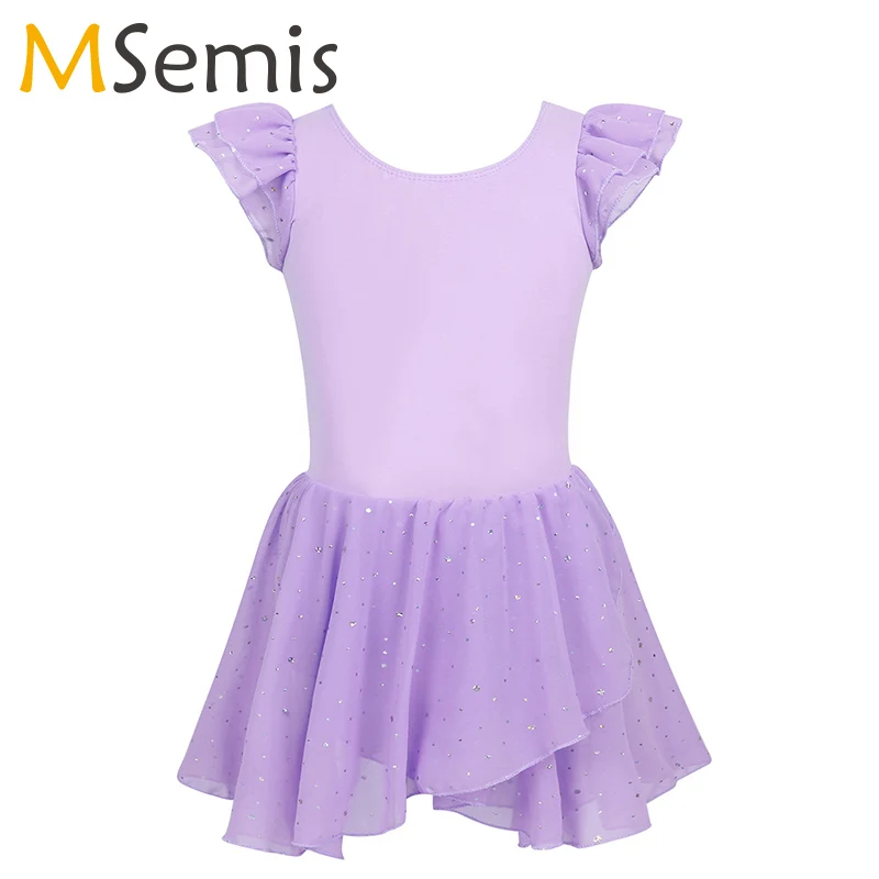Girls Ballet Dress Gymnastics Leotard Ruffle Sleeve Chiffon Glitter Tutu Skirted leotards for girls ballerina dress kids | Тематическая