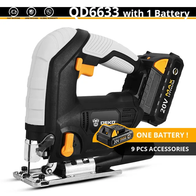 With battery DEKO QD6633 20 в Электрический лобзик Регулируемая скорость Беспроводная пила по дереву с светодиодный светильник, 6 лезвий, металлическая линейка, шестигранный ключ - Цвет: With battery