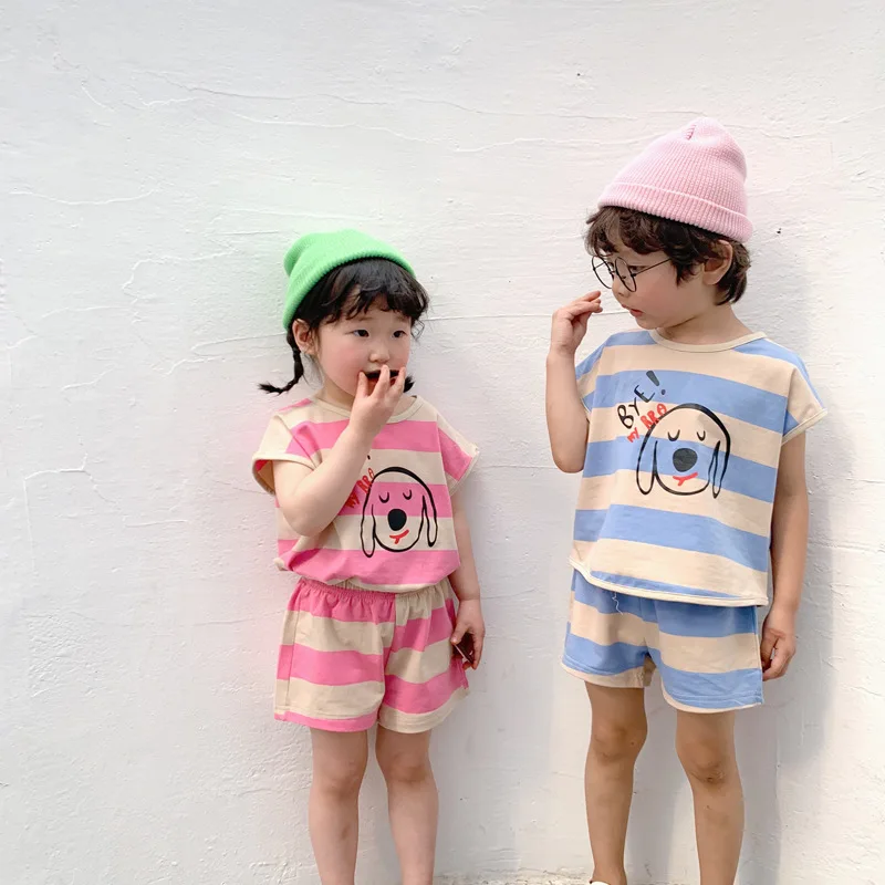 

Toddler Baby Clothing Set Cartoon Print Fashion Stripes Short Sleeve T-shirts Shorts Sport Suit for Girl Boy Tracksuit Kids 2pcs