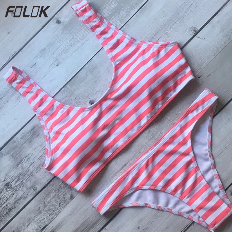 Спортивный Танга Бикини Набор 2020 полосатый бандажный купальник с высоким