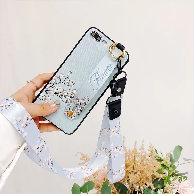 LUXURY Case Skin FOR APPLE IPHONE X 7 8 PLUS 6 6S FLOWERS CASES SOFT TPU COVERS WITH WRISTBAND KICKSTAND FUNDA CAPA COQUE | Мобильные