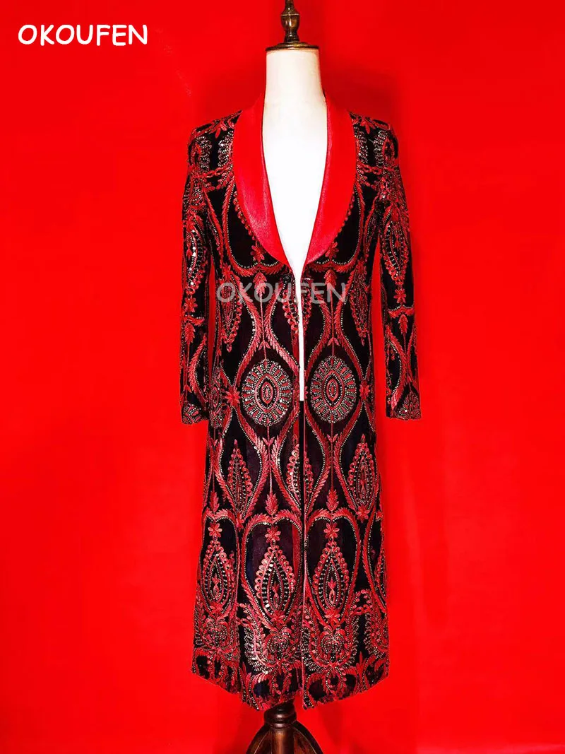 

Fashion New Red Totem Embroidery Long Coat Costumes Nightclub bar male singer DJ Party show stage performance jacket