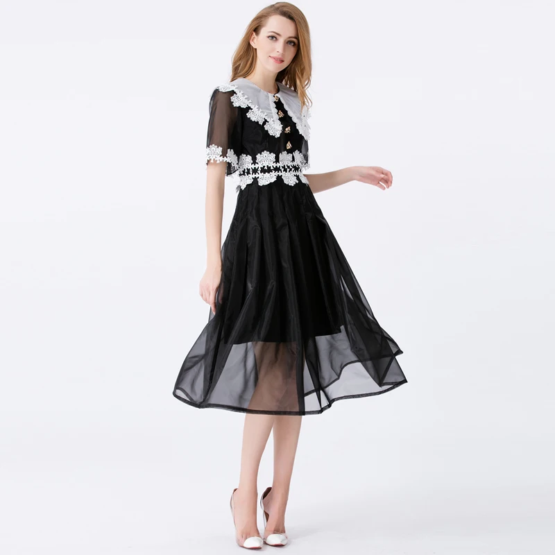 Женское модельное платье с коротким рукавом черное лоскутное кружевное на