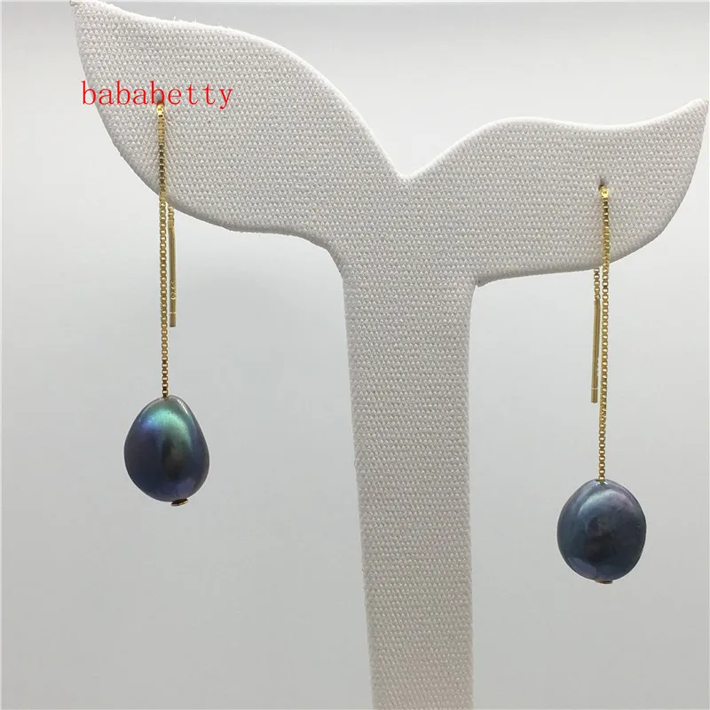 

New Natural Freshwater Culture White black alien Irregular Pearl 10-11MM 18KGP earrings